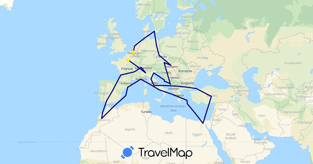 TravelMap itinerary: driving in Austria, Belgium, Switzerland, Czech Republic, Germany, Denmark, Egypt, Spain, France, Greece, Croatia, Hungary, Italy, Morocco, Montenegro, Netherlands, Turkey (Africa, Asia, Europe)